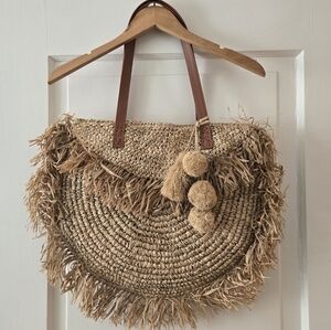 Anthropologie Natural Fringe Tote with Brown Handles